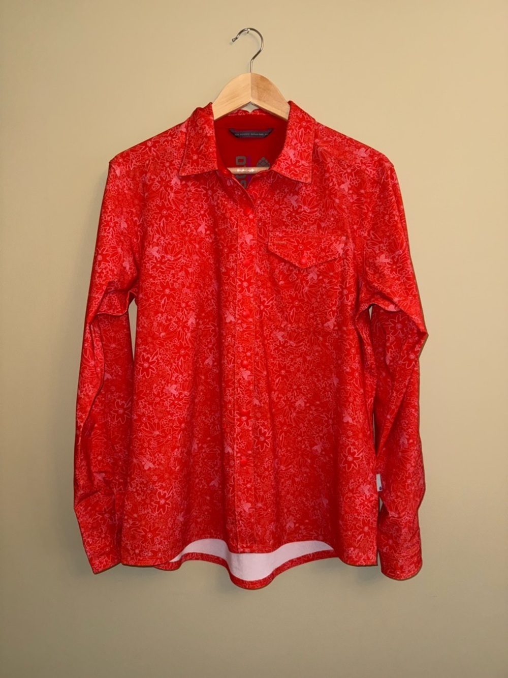 Stio Womens L Long Sleeve Floral Button Up Orange Stretch Outerwear Hiking Mtn